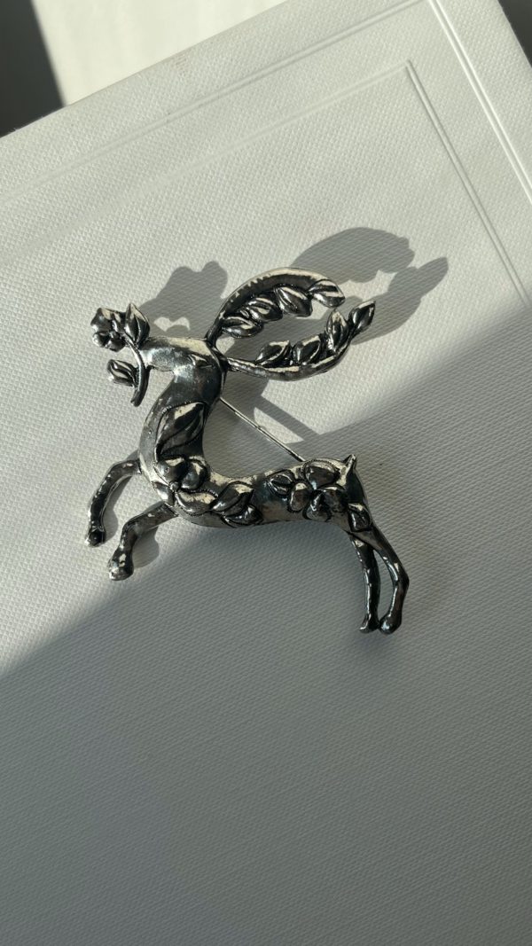 Vintage Silver Finish Deer with Flower Brooch by UNGARO Paris